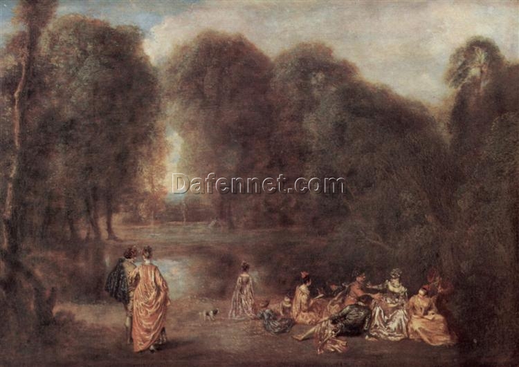 Buy Gathering in the Park by Antoine Watteau – 1717 Rococo Oil Painting Reproduction | DaFen Village Studio
