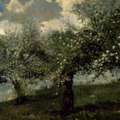 Girl Picking Apple Blossoms (1879) by Winslow Homer: Realism Landscape and Genre Oil Painting