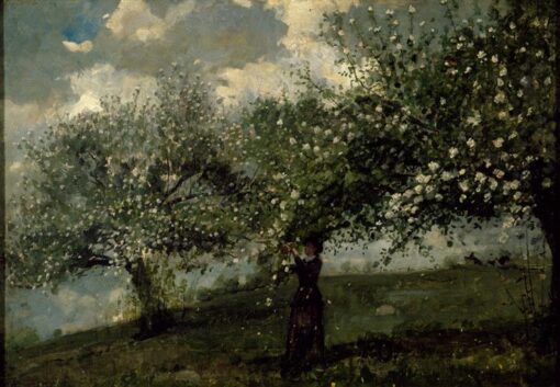Girl Picking Apple Blossoms (1879) by Winslow Homer: Realism Landscape and Genre Oil Painting