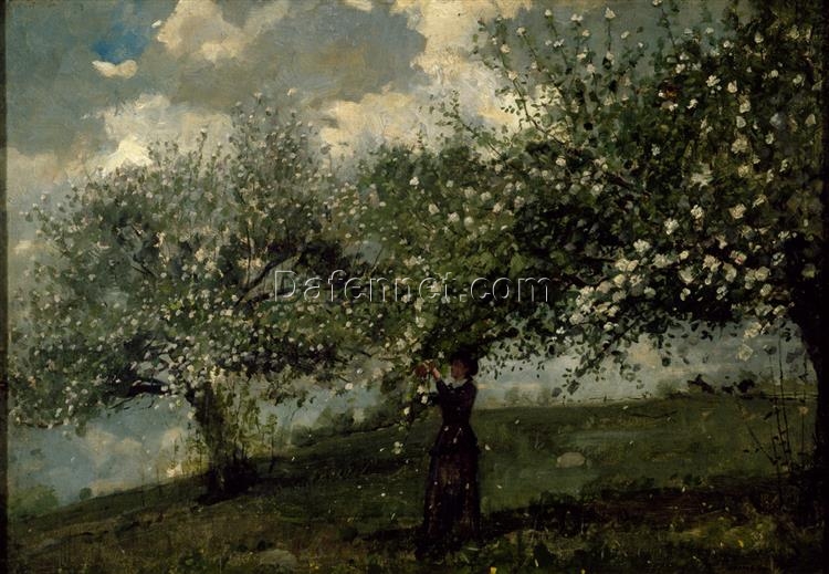 Girl Picking Apple Blossoms (1879) by Winslow Homer: Realism Landscape and Genre Oil Painting