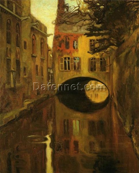 Hand-Painted Diego Rivera ‘House over the Bridge’ 1909 Cityscape – Early Social Realism Oil Painting Reproduction