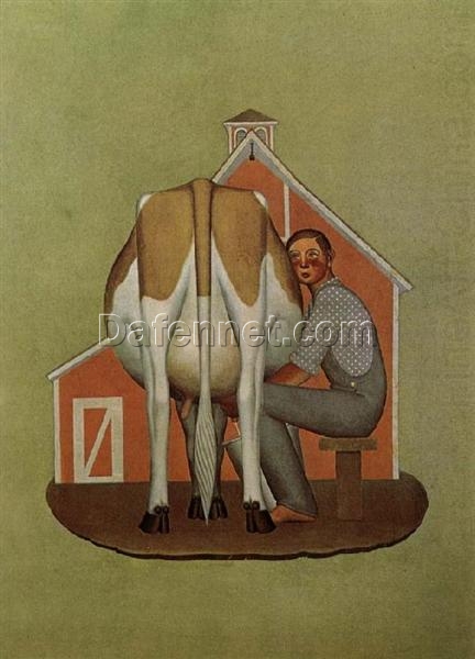 Boy Milking Cow by Grant Wood – 1932 Regionalism Genre Oil Painting Reproduction | Handcrafted Art from DaFen Village Studio