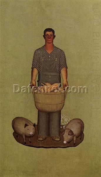 Grant Wood’s Farmer with Pigs and Corn – 1932 Regionalism Oil Painting Reproduction | Custom Framed Art for Home and Office