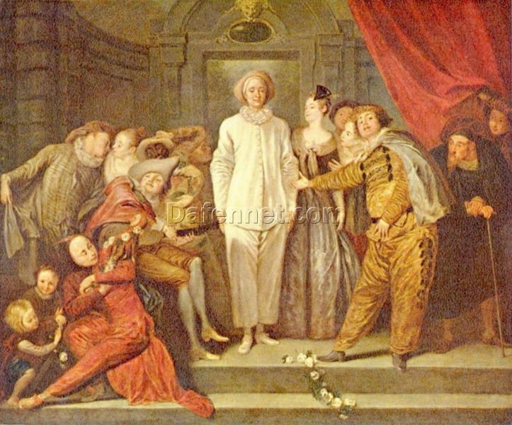 Italian Comedians by Antoine Watteau – Elegant Rococo Genre Painting Reproduction | DaFen Village Studio