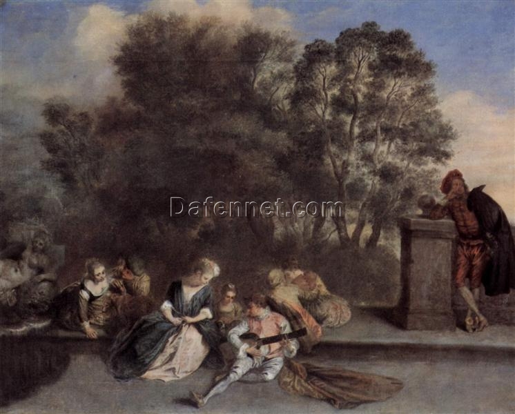 Italian Recreation by Antoine Watteau – 1715 Rococo Oil Painting Reproduction | DaFen Village Custom Art