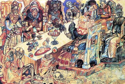 Pavel Filonov ‘Kings Feast’ Oil Painting – Analytical Realism Allegorical Art Reproduction
