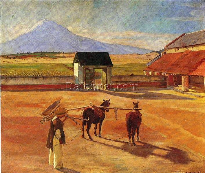 Hand-Painted Diego Rivera ‘La Era’ 1904 Landscape Reproduction – Early Social Realism Oil Painting on Canvas