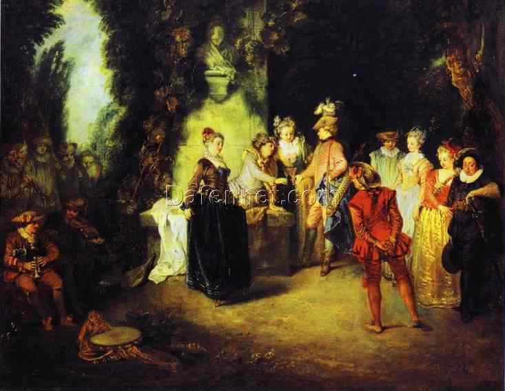 Love in the French Theater by Antoine Watteau – 1716 Rococo Oil Painting Reproduction | DaFen Village Studio