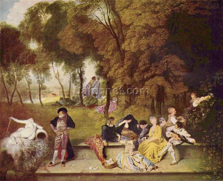 Merry Company in the Open Air by Antoine Watteau – Elegant Rococo Outdoor Scene Reproduction | DaFen Village Studio