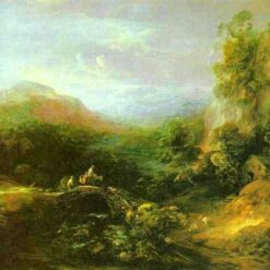 Thomas Gainsborough 1784 Rococo Landscape Oil Painting: Mountain Scene with Peasants Crossing a Bridge
