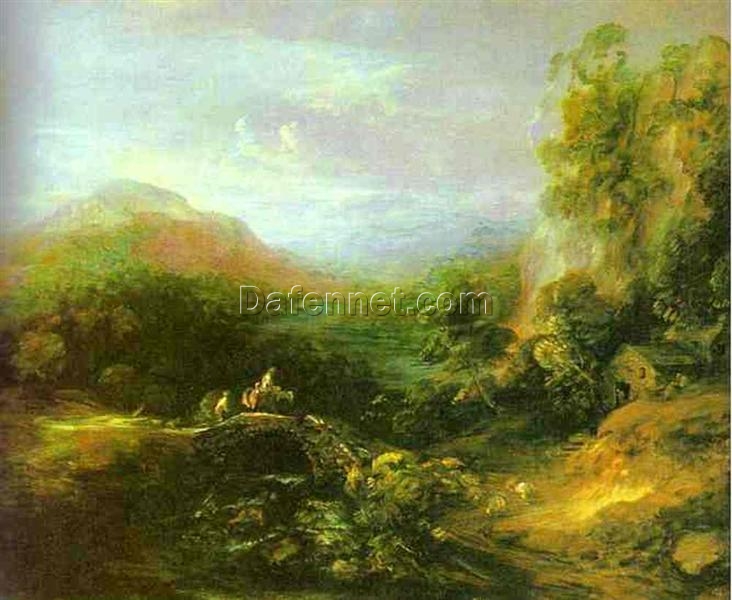 Thomas Gainsborough 1784 Rococo Landscape Oil Painting: Mountain Scene with Peasants Crossing a Bridge
