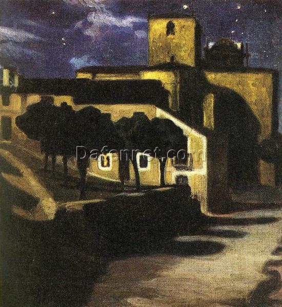 Hand-Painted Diego Rivera ‘Night Scene in Avila’ 1907 Landscape Reproduction – Spanish Moonlit Oil Painting on Canvas