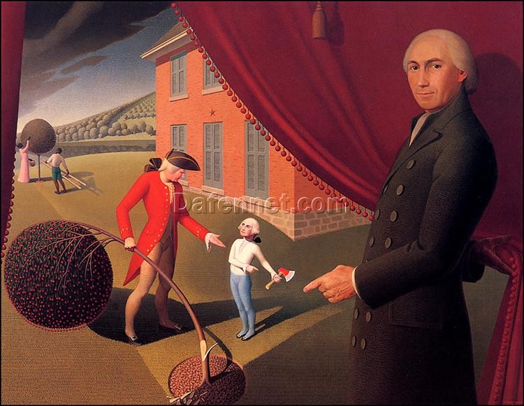 Grant Wood ‘Parson Weems’ Fable’ 1939 – American Historical Painting Reproduction on Canvas