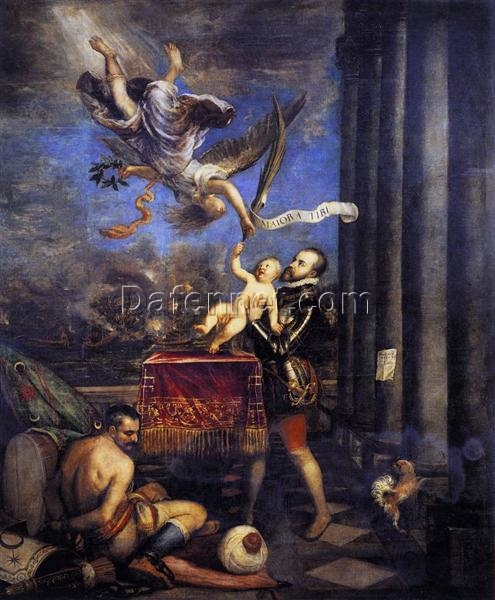 Late Renaissance Philip II Offering Don Fernando to Victory by Titian – Mannerist Allegorical Painting, c.1570