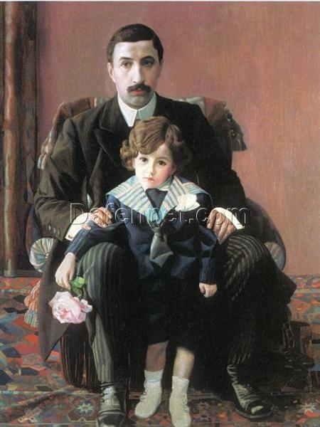 Custom Reproduction of Portrait of Arman Frantsevich Aziber and His Son (1915) by Pavel Filonov | Art Nouveau Oil Painting | DaFen Village Studio