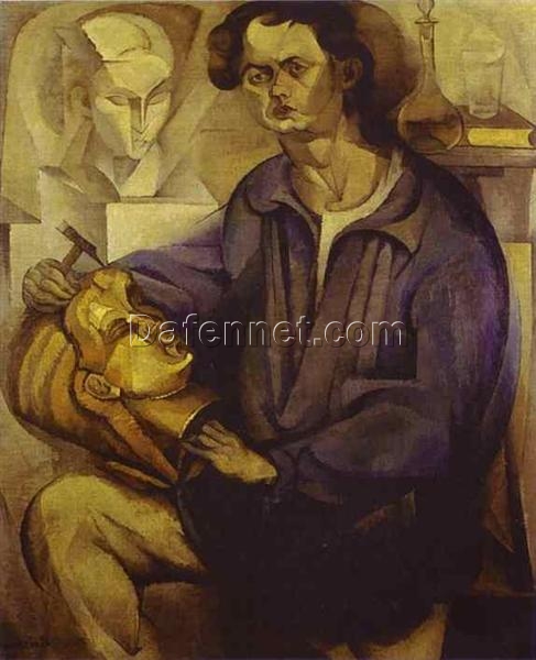 Hand-Painted Diego Rivera Cubist Portrait – ‘Oscar Miestchaninoff’ 1913 Oil Painting Reproduction – Mexican Avant-Garde Art