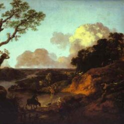 Thomas Gainsborough’s River Landscape with Rustic Lovers – A Serene Rococo Landscape Painting