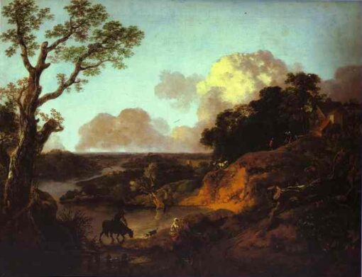 Thomas Gainsborough’s River Landscape with Rustic Lovers – A Serene Rococo Landscape Painting