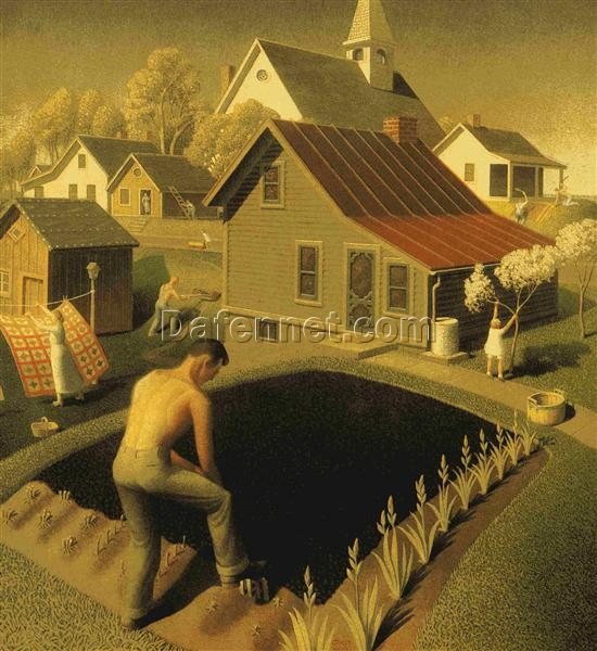 Grant Wood’s Spring in Town – 1941 Regionalism Oil Painting | Custom Handcrafted Reproduction from DaFen Village Studio