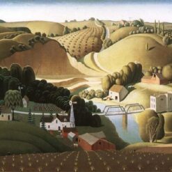 Grant Wood 'Stone City, Iowa' 1930 – Iconic Regionalism Oil on Wood Landscape Reproduction