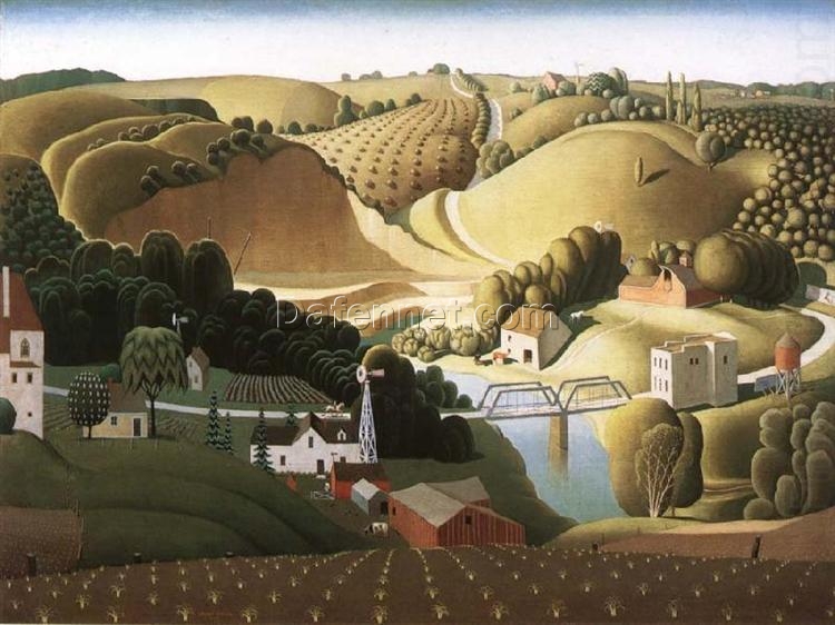 Grant Wood ‘Stone City, Iowa’ 1930 – Iconic Regionalism Oil on Wood Landscape Reproduction
