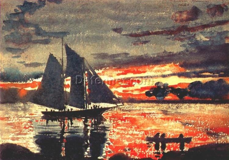 Buy Winslow Homer Realism Marina Watercolor: Sunset Fires (1880)