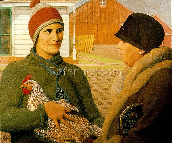 Grant Wood ‘The Appraisal’ Portrait – Hand-Painted Oil on Canvas, Regionalist Americana Art