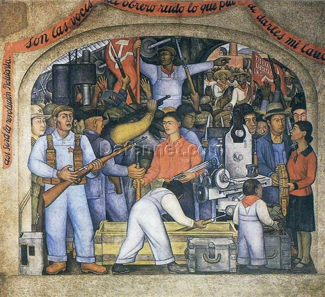 Hand-Painted Diego Rivera ‘The Arsenal’ Mural Reproduction – Mexican Revolutionary Fresco-Style Oil Painting on Canvas