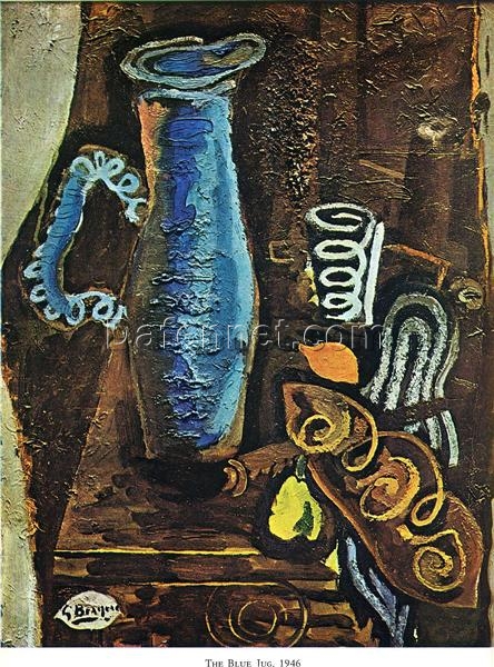 Expressionist Still Life Oil Painting – Georges Braque ‘The Blue Jug’ 1946, Hand-Painted on Canvas
