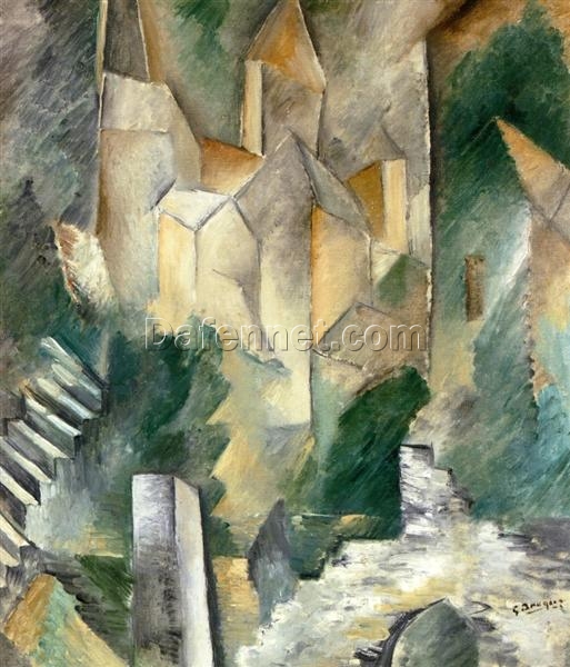 Custom Oil Painting – “The Church of Carrières-Saint-Denis” by Georges Braque – Cubist Cityscape Reproduction