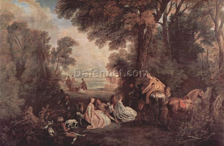The Halt during the Chase by Antoine Watteau – Rococo Pastorale Painting Reproduction | DaFen Village Studio
