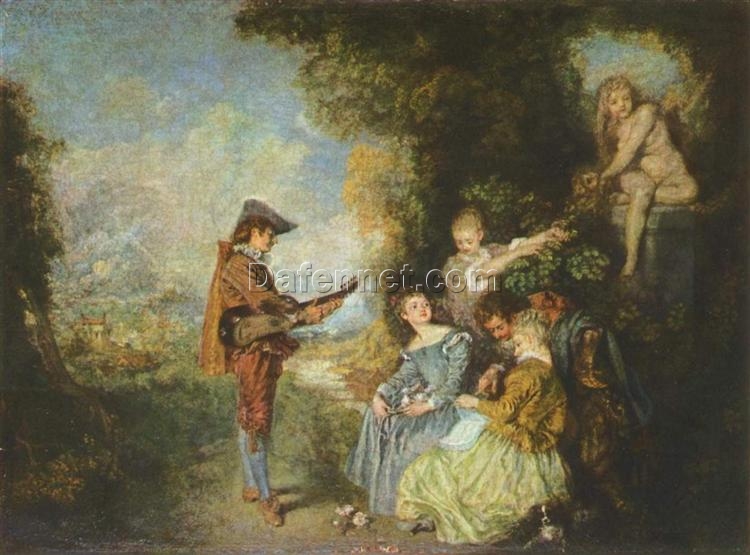 The Lesson of Love by Antoine Watteau – 1716 Rococo Oil Painting Reproduction | Custom Art from DaFen Village Studio