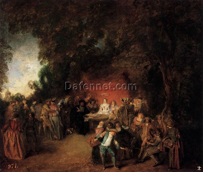 The Marriage Contract in a Landscape by Antoine Watteau – 1712 Rococo Oil Painting Reproduction | Custom Art from DaFen Village Studio