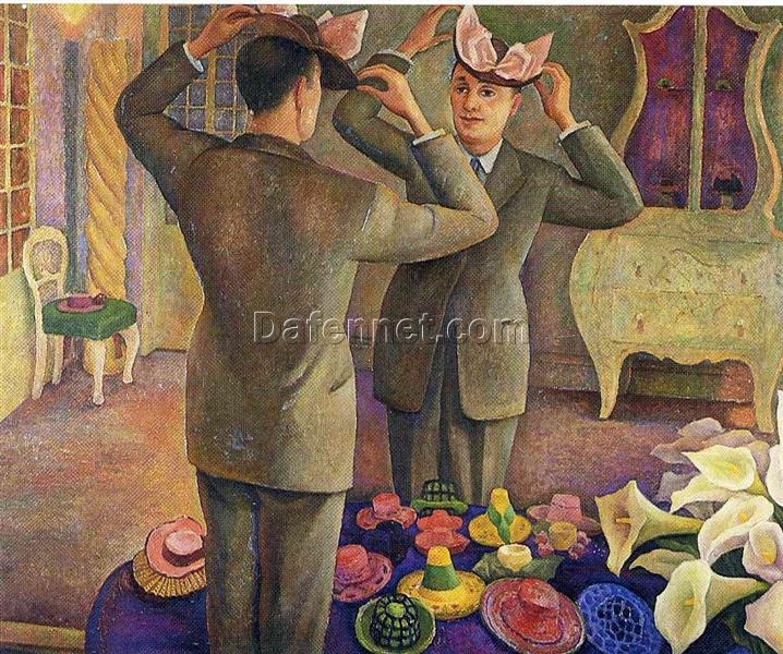 Custom Diego Rivera ‘The Milliner: Portrait of Henri de Chatillon’ Art Deco Oil Painting – 1944 Portrait