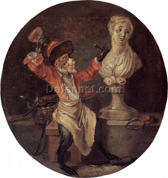 The Monkey Sculptor by Antoine Watteau – 1710 Rococo Allegorical Oil Painting Reproduction | Custom Art from DaFen Village Studio