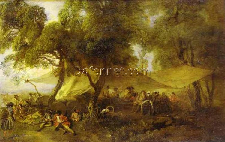 Antoine Watteau’s The Recreations of War – 1715 Rococo Oil Painting Reproduction | Handcrafted Custom Art from DaFen Village Studio