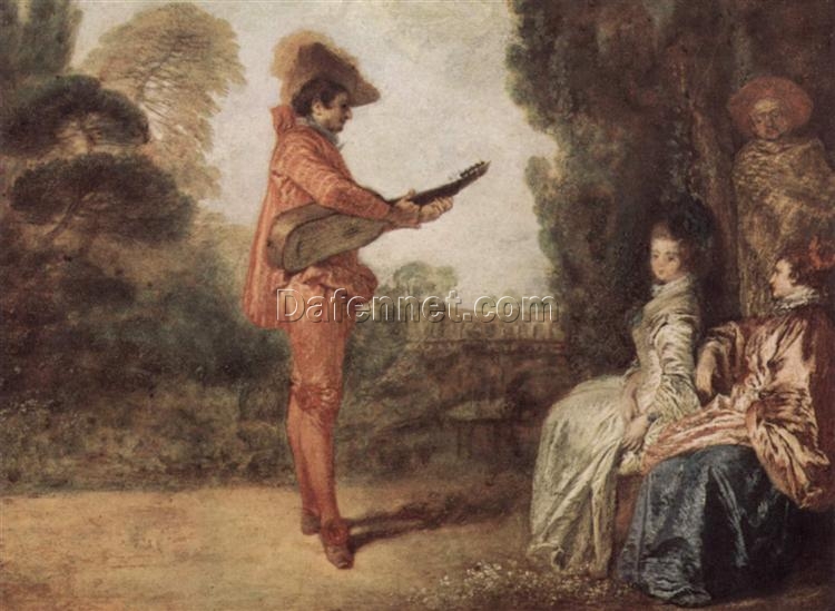 The Seducer by Antoine Watteau – 1712 Rococo Oil Painting Reproduction on Metal | Custom Art from DaFen Village Studio