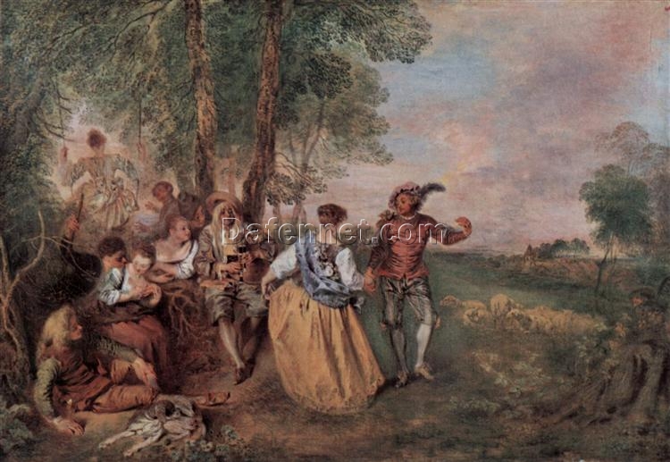 The Shepherds by Antoine Watteau – 1717 Rococo Pastorale Oil Painting Reproduction | DaFen Village Studio
