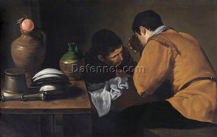 Velázquez’s Two Young Men Eating at a Humble Table – 1622 Baroque Oil Painting for Traditional Interiors