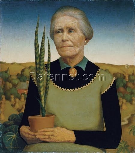Woman with Plants’ by Grant Wood – 1929 American Regionalism Portrait | Custom Oil Painting for Home or Office