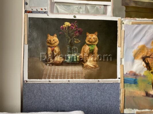 An oil painting work of a cat's portrait in the style of Rembrandt