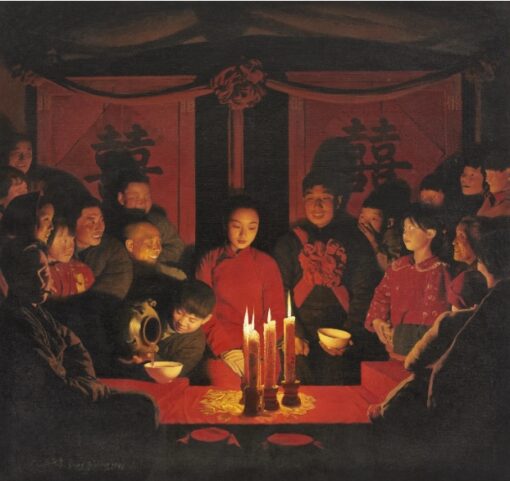 Wang Yidong Oil Painting – “Wedding Room Commotion” – 1998 Chinese Figurative Art on Canvas