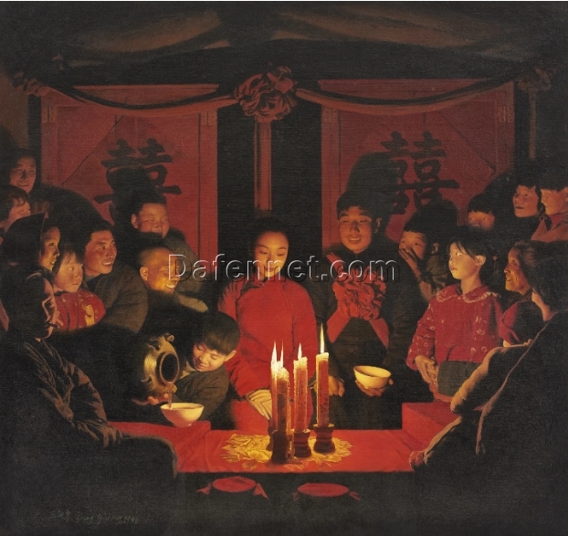 Wang Yidong Oil Painting – “Wedding Room Commotion” – 1998 Chinese Figurative Art on Canvas