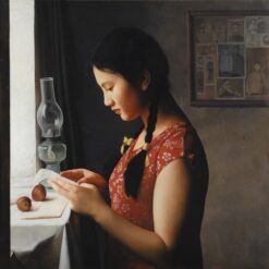 Wang Yidong 1995 Oil Painting – “Reading a Letter” – Chinese Realist Figurative Art on Canvas