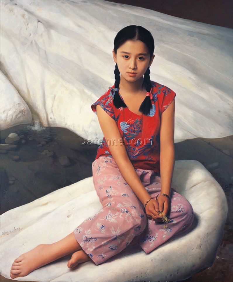 Stream by Wang Yidong – 100x80cm Chinese Landscape Oil Painting on Canvas | Custom Wall Art from Dafen Oil Painting Studio for Home or Hotel Décor