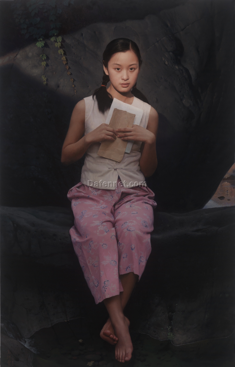 Message to Qingshi Valley by Wang Yidong – 117x73cm Chinese Realist Oil Painting on Canvas | Custom Art from Dafen Oil Painting Studio for Living Room or Hotel Decor