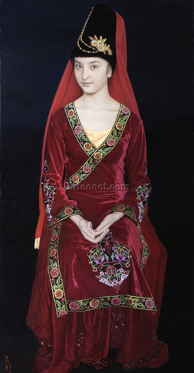 Uyghur Girl in Traditional Dress by Wang Yidong – 60x120cm Chinese Figurative Oil Painting | Custom Canvas Art from Dafen Oil Painting Studio for Home or Hotel Wall Décor