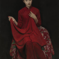 Erni's Red Headscarf by Wang Yidong – Large 140x80cm Chinese Figurative Oil Painting | Custom Canvas Art from Dafen Oil Painting Studio for Home or Hotel Walls