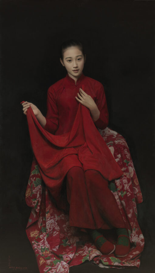 Erni’s Red Headscarf by Wang Yidong – Large 140x80cm Chinese Figurative Oil Painting | Custom Canvas Art from Dafen Oil Painting Studio for Home or Hotel Walls