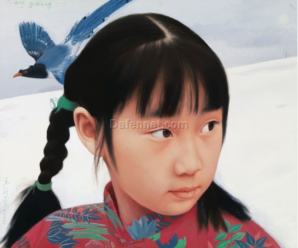 Blue Magpie Wall Art – Chinese Oil Painting by Wang Yidong | Hand-Painted Canvas from Dafen Village Studio for Home or Hospitality Interiors